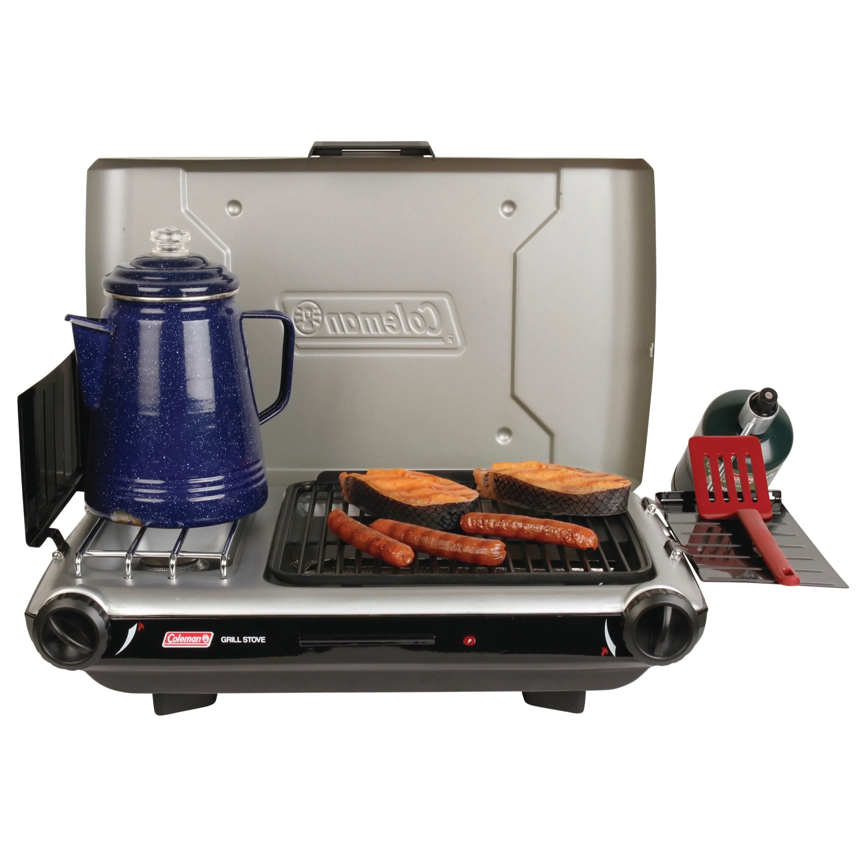 ® Tabletop Propane Gas Camping 2-In-1 Grill/Stove 2-Burner, Gray, 2000038016