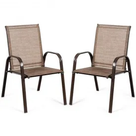 2 PCS Patio Chairs Outdoor Dining Chair with Armrest-Brown