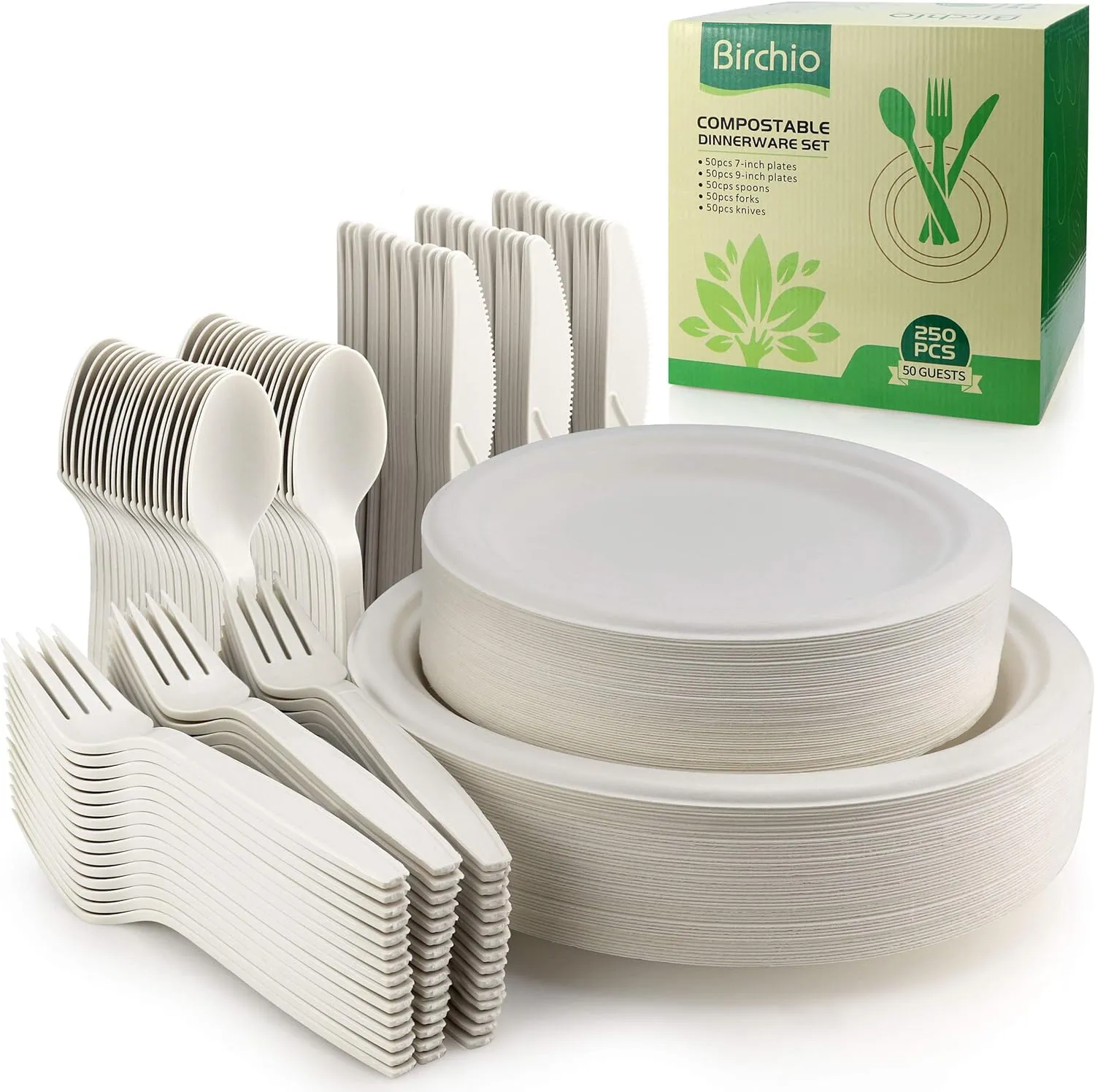 250 Piece Biodegradable Paper Plates Set, Disposable Dinnerware Set, Eco Friendly Compostable Plates & Utensil include Plates, Forks, Knives Spoons