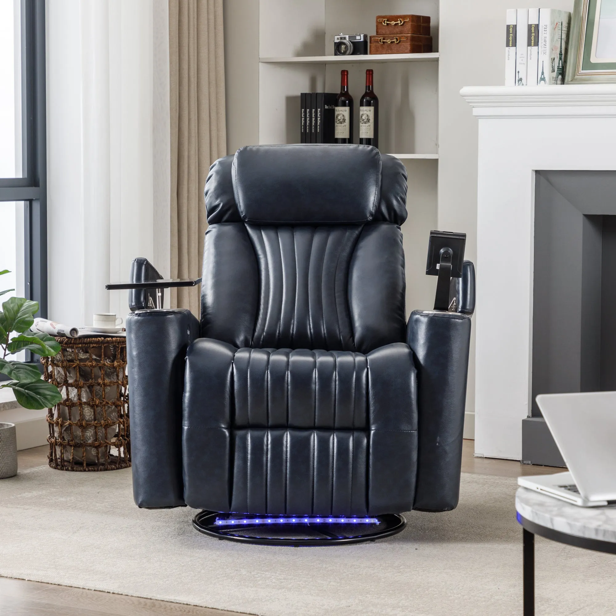 270° Power Swivel Recliner,Home Theater Seating With Hidden Arm Storage and  LED Light Strip,Cup Holder,360° Swivel Tray Table,and Cell Phone Holder,Soft Living Room Chair,Blue