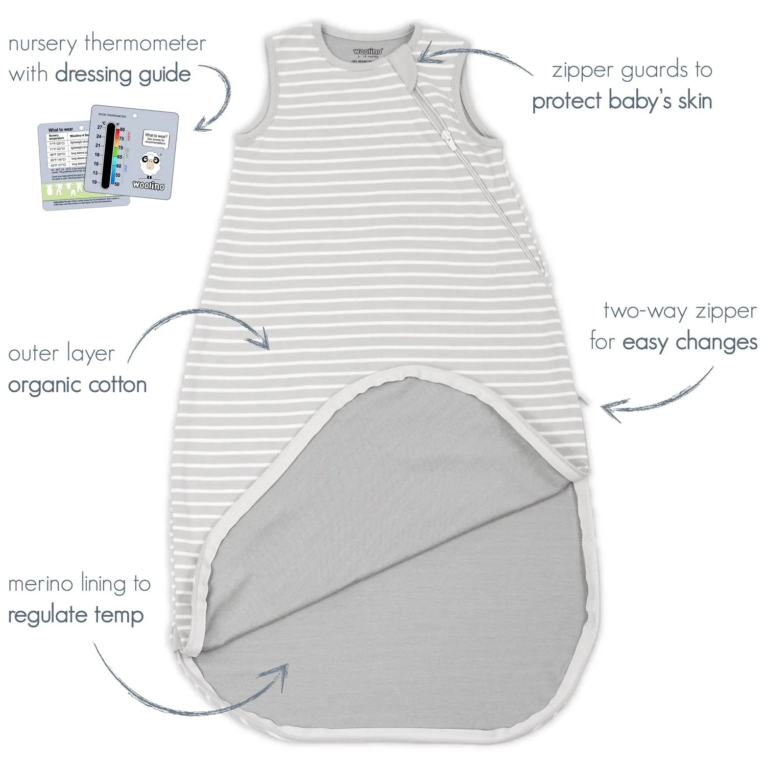 4 Season Basic Baby Sleeping Bag, Merino Wool & Organic Cotton, Butterfly