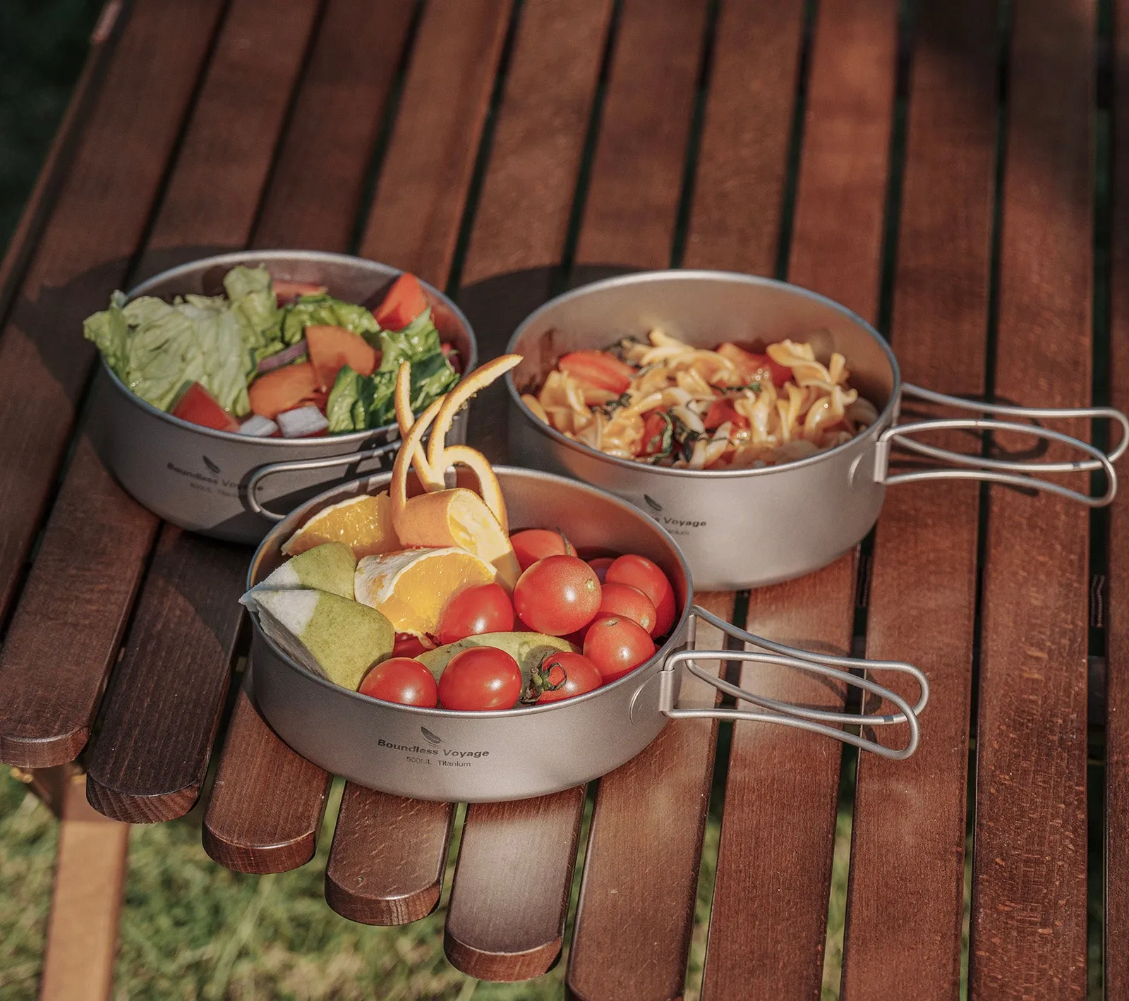 Boundless Voyage Titanium Pot Pan Set with  Collapsible Folding Handle Ultralight Tableware Outdoor Dinnerware Set 3pcs