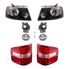 Brock Aftermarket Replacement Driver Left Passenger Right Halogen Combination Headlights-Round Fog Lights-Mounting Brackets-Flareside Tail Lights 8 Piece Set Compatible with 2006-2008 Ford F-150