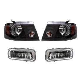 Brock Aftermarket Replacement Driver Left Passenger Right Headlights with Shadow Gray Bezel and Rectangular Fog Lights 4 Piece Set Compatible with 2004-2006 Ford F-150