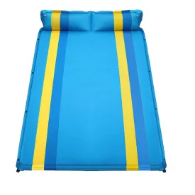 Double Self Inflating Mattress Sleeping Mat Air Bed Camping Camp Hiking Joinable Pillow - light blue