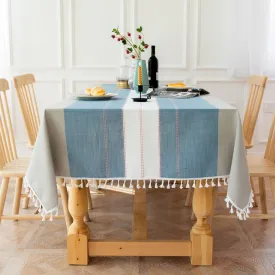 HG-021 Blue Striped Stitching Tassel Cotton Linen Tablecloth Table Cloth