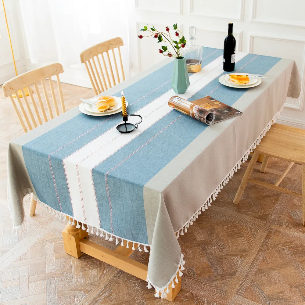 HG-021 Blue Striped Stitching Tassel Cotton Linen Tablecloth Table Cloth