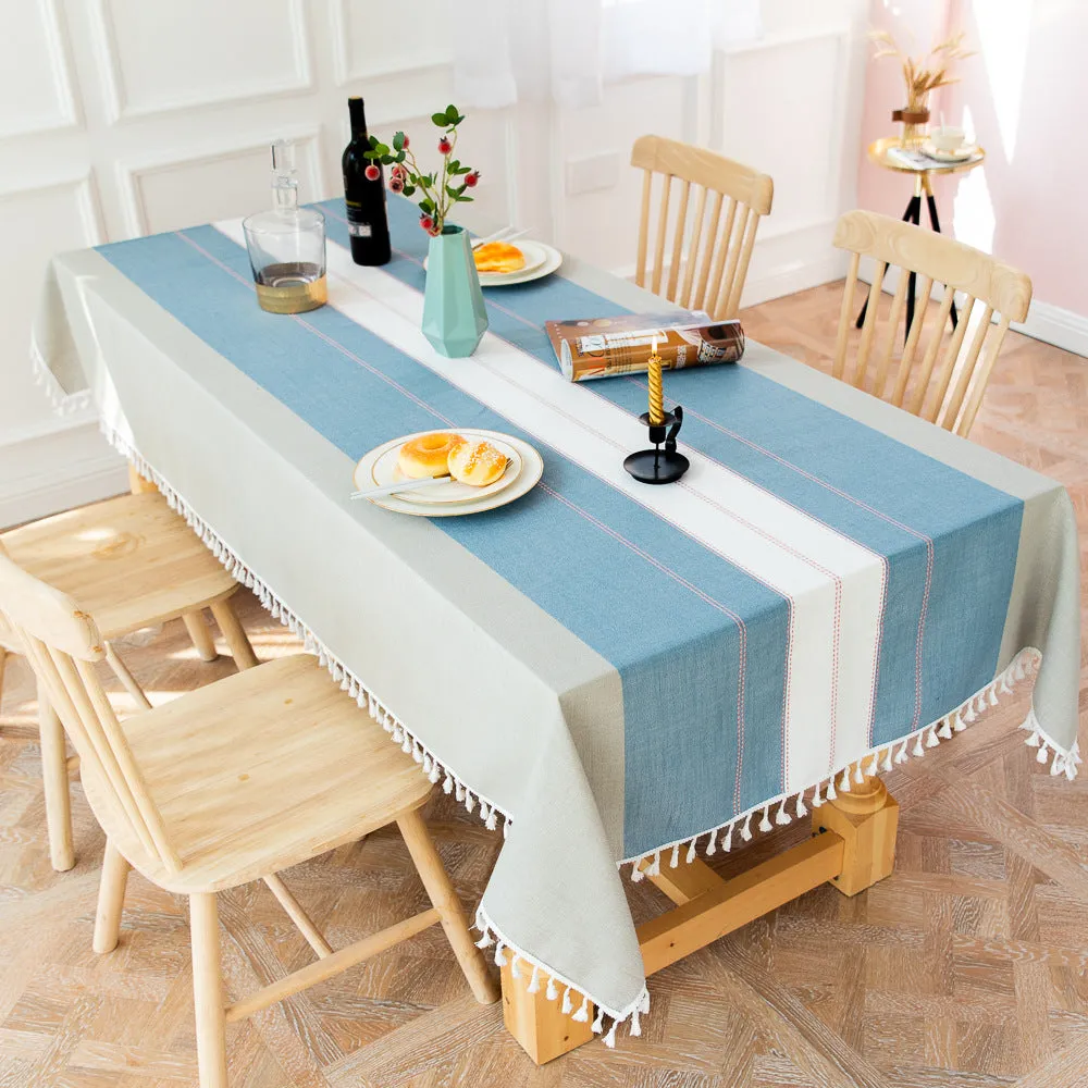 HG-021 Blue Striped Stitching Tassel Cotton Linen Tablecloth Table Cloth