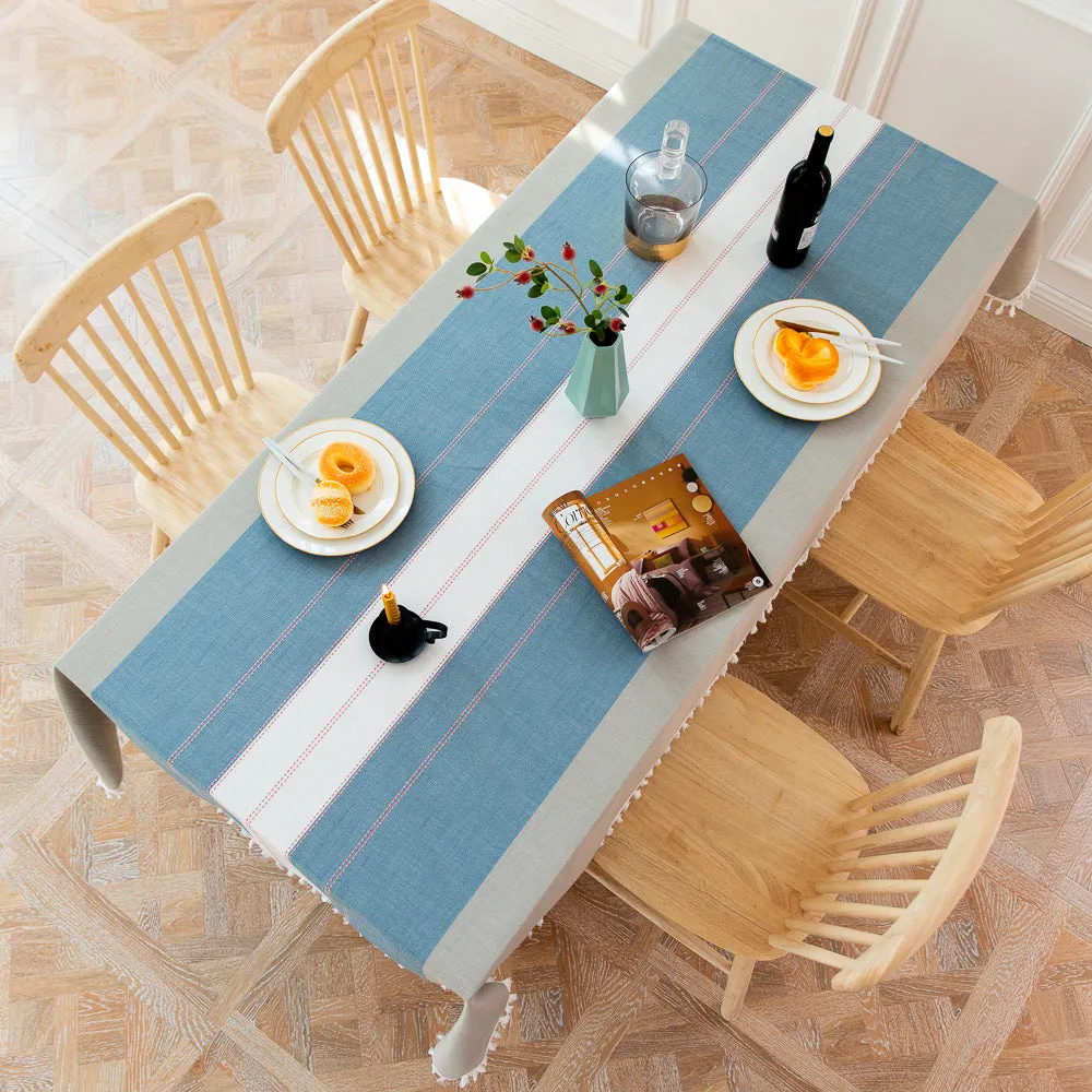 HG-021 Blue Striped Stitching Tassel Cotton Linen Tablecloth Table Cloth