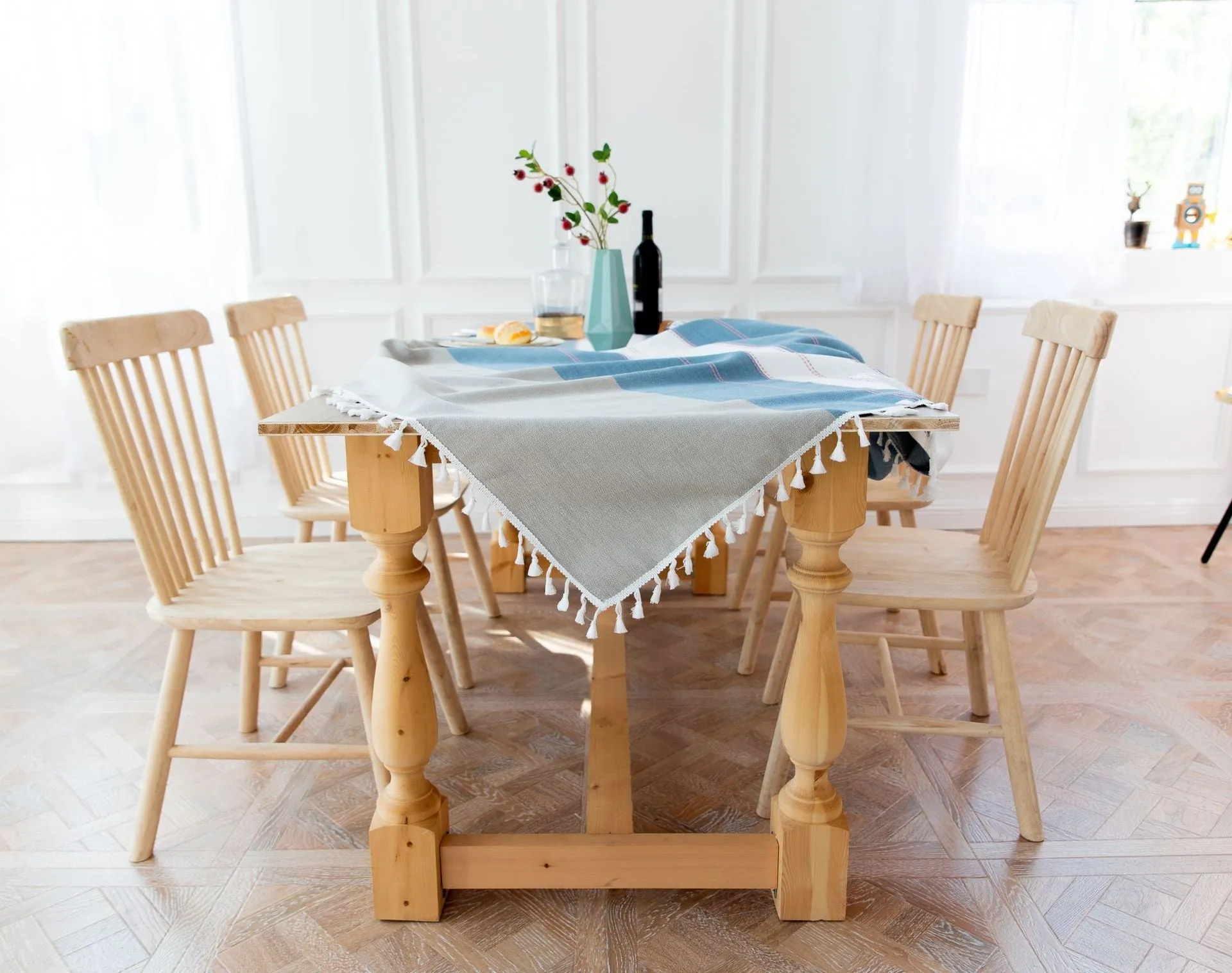 HG-021 Blue Striped Stitching Tassel Cotton Linen Tablecloth Table Cloth