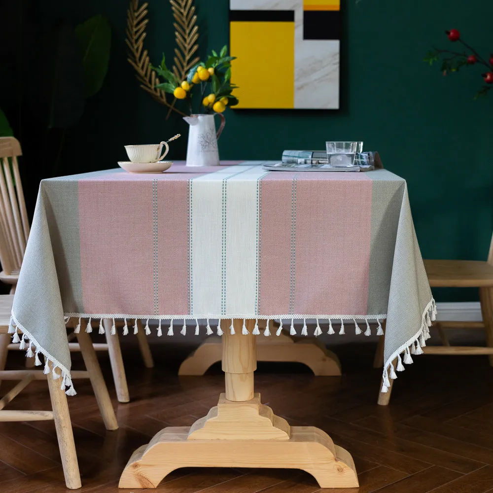 HG-021 Blue Striped Stitching Tassel Cotton Linen Tablecloth Table Cloth