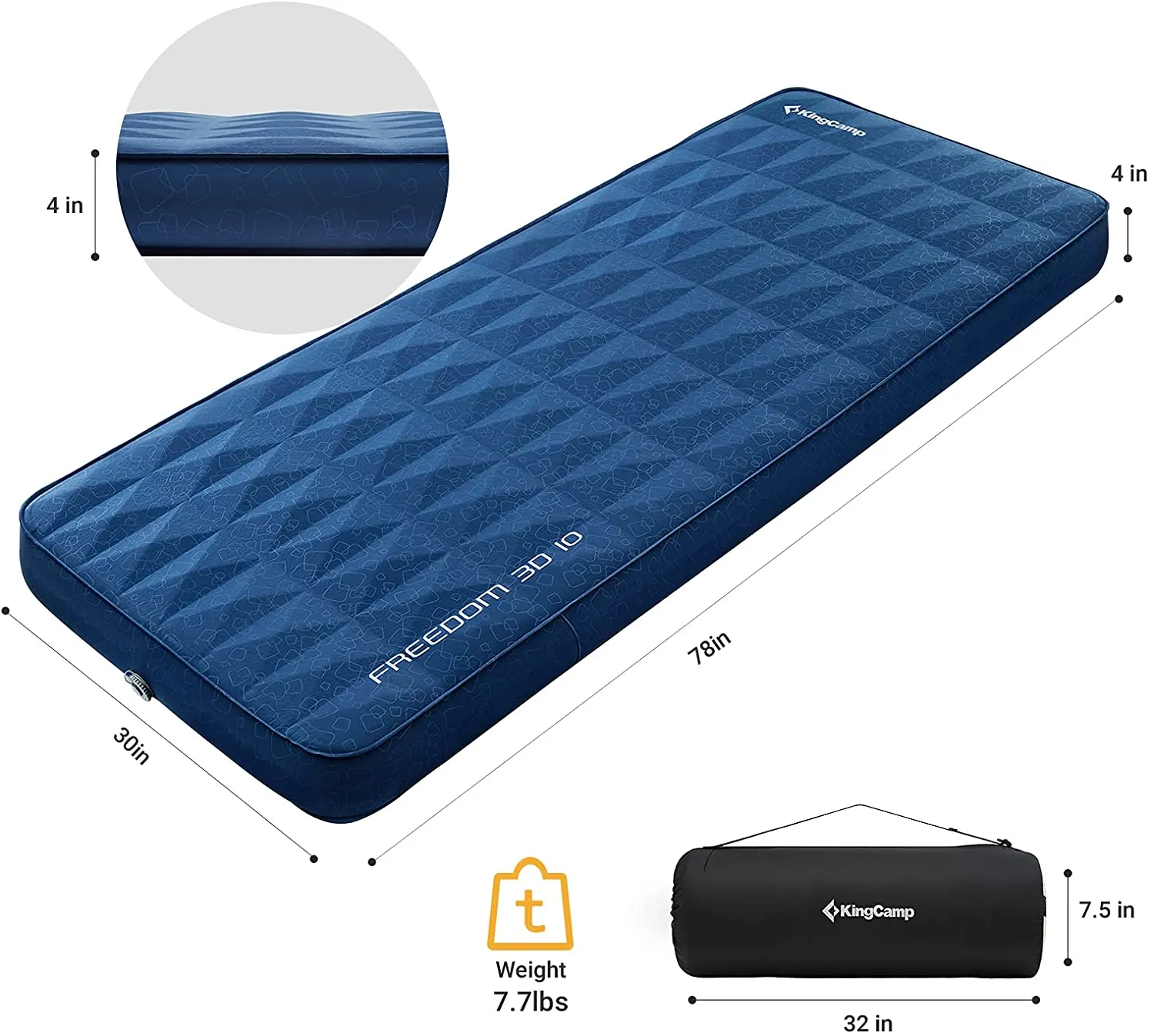 KingCamp 4" Thick Single Self-Inflating Camping Pad