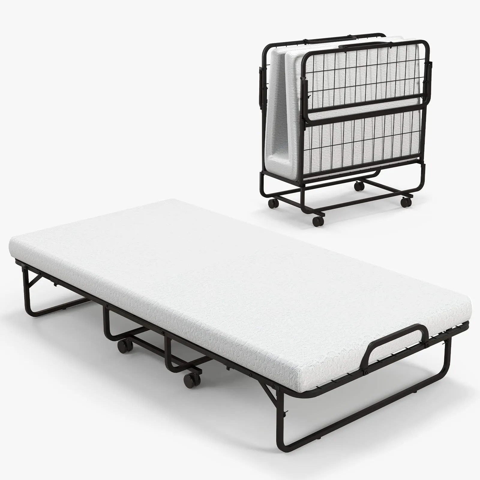 KOMFOTT Folding Rollaway Bed with 4" Mattress, Twin Size Portable Bed with Rolling Casters