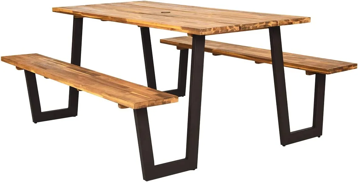 Picnic Table Bench Set with Umbrella Hole, Outdoor Dining Table Set, 70” Acacia Wood Picnic Beer Table with Metal Frame