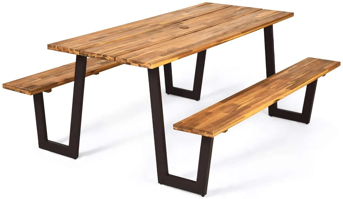 Picnic Table Bench Set with Umbrella Hole, Outdoor Dining Table Set, 70” Acacia Wood Picnic Beer Table with Metal Frame