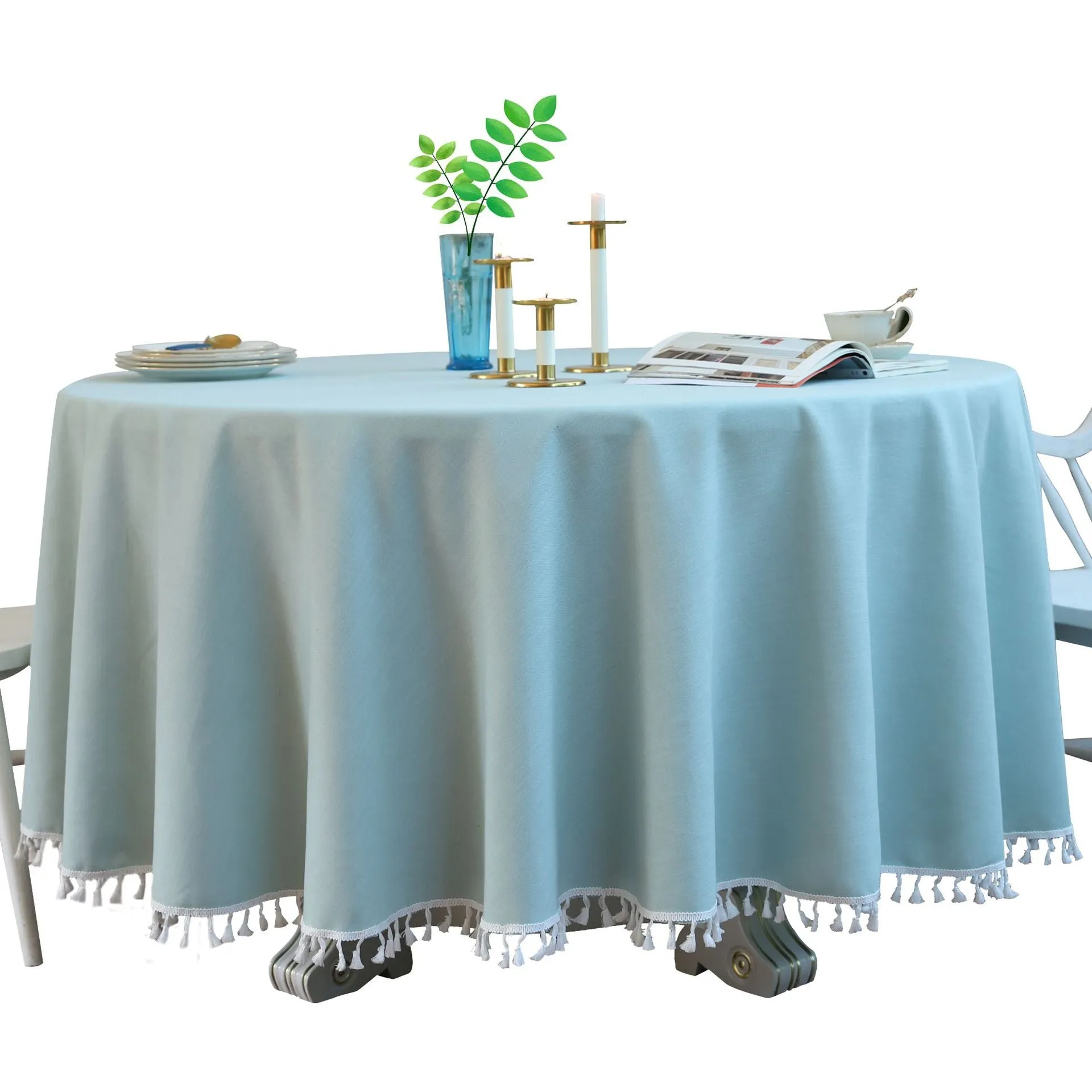 Round Table Tassel Lace Green Solid Blue Dustproof Tablecloth