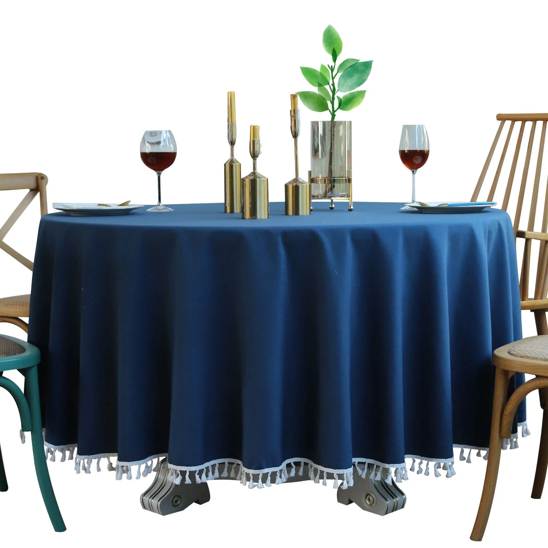 Round Table Tassel Lace Green Solid Blue Dustproof Tablecloth