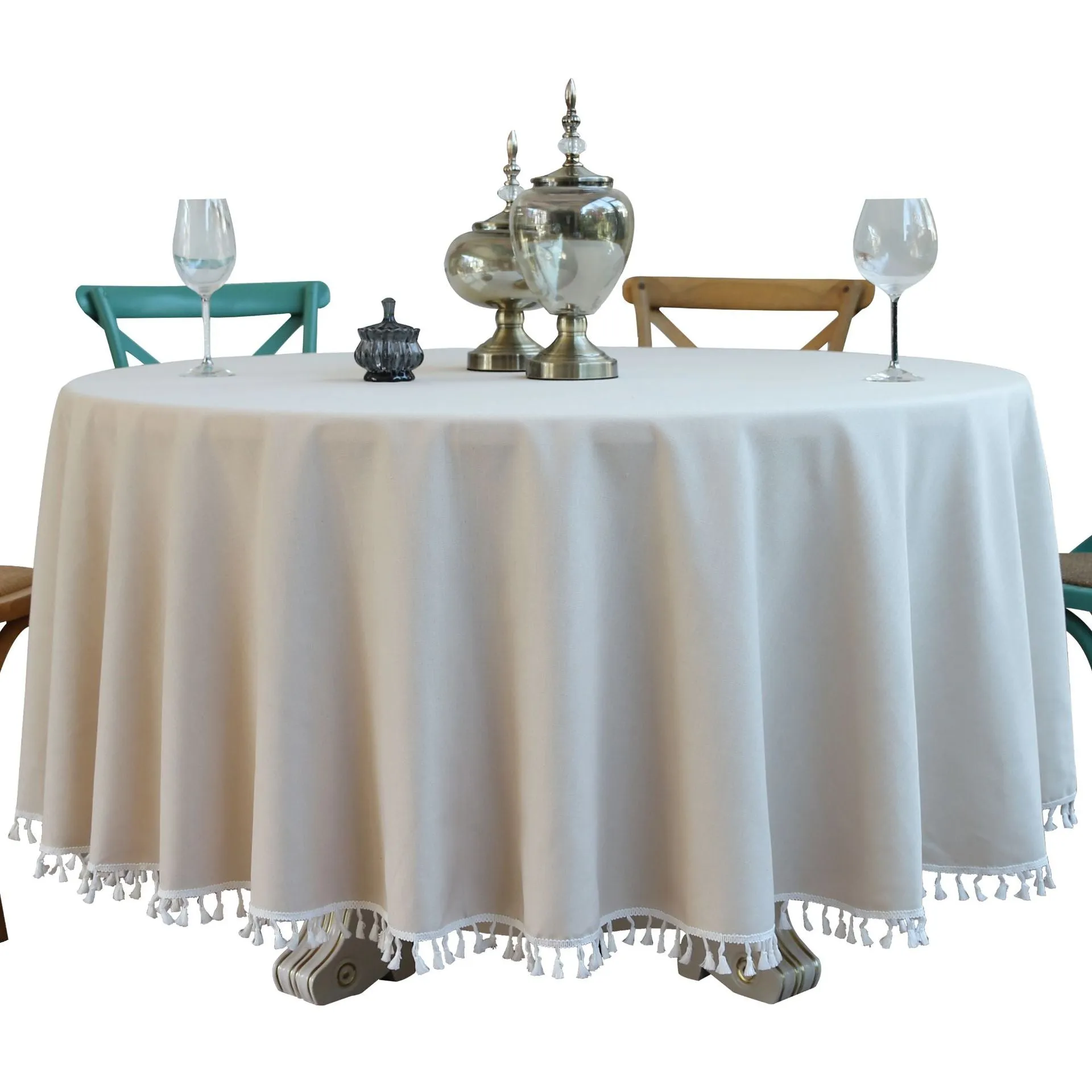 Round Table Tassel Lace Green Solid Blue Dustproof Tablecloth