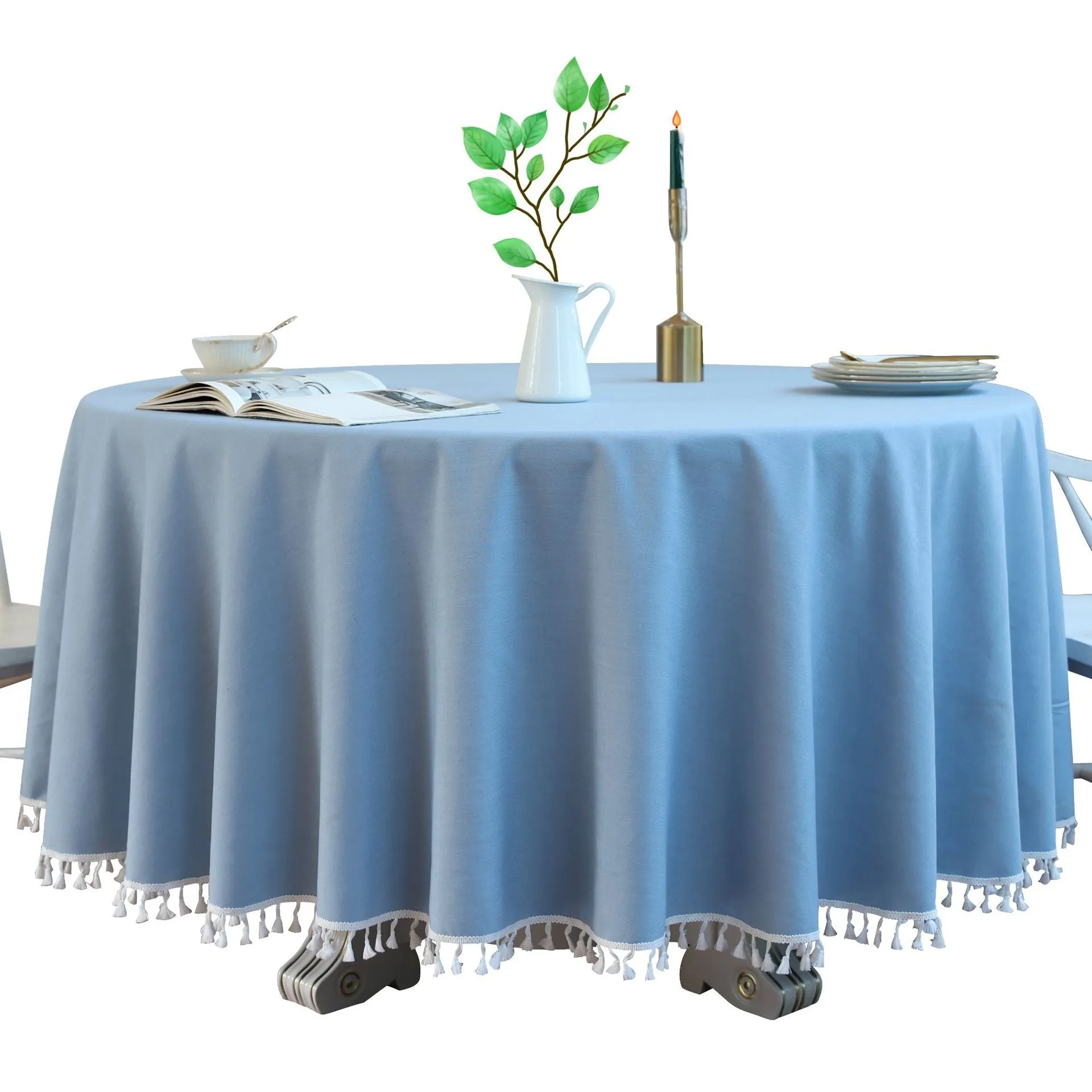 Round Table Tassel Lace Green Solid Blue Dustproof Tablecloth