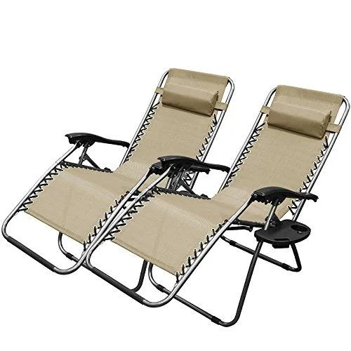 XtremepowerUS Zero Gravity Chair Adjustable Reclining Chair Pool Patio Outdoor Lounge Chairs w/ Cup Holder - Set of Pair (Tan)